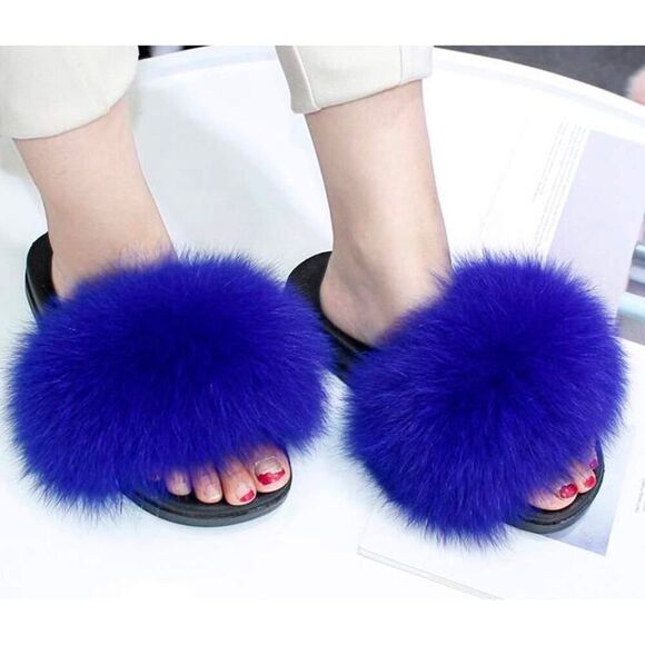 Valpeak  Slippers Slides Women Open Toe Fuzzy Girls Fluffy ,Women, Blue,  8-9 - Picture 1 of 6